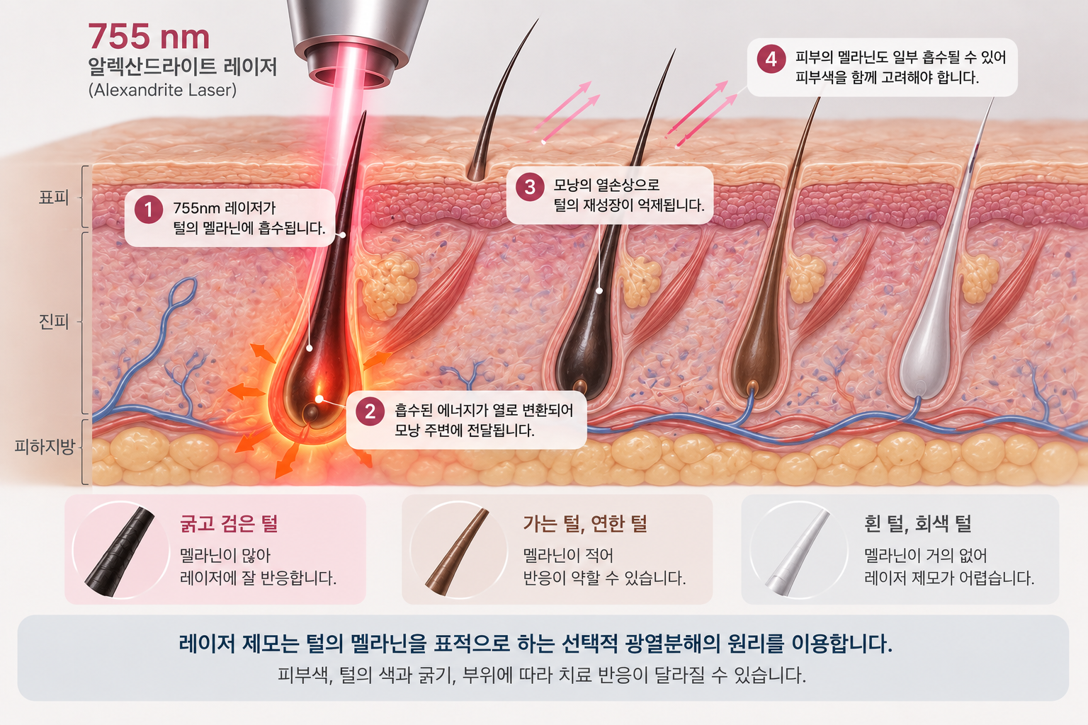 755nm 알렉산드라이트 레이저가 검은 털의 멜라닌에 흡수되어 모낭에 열에너지를 전달하는 레이저 제모 원리를 설명한 이미지