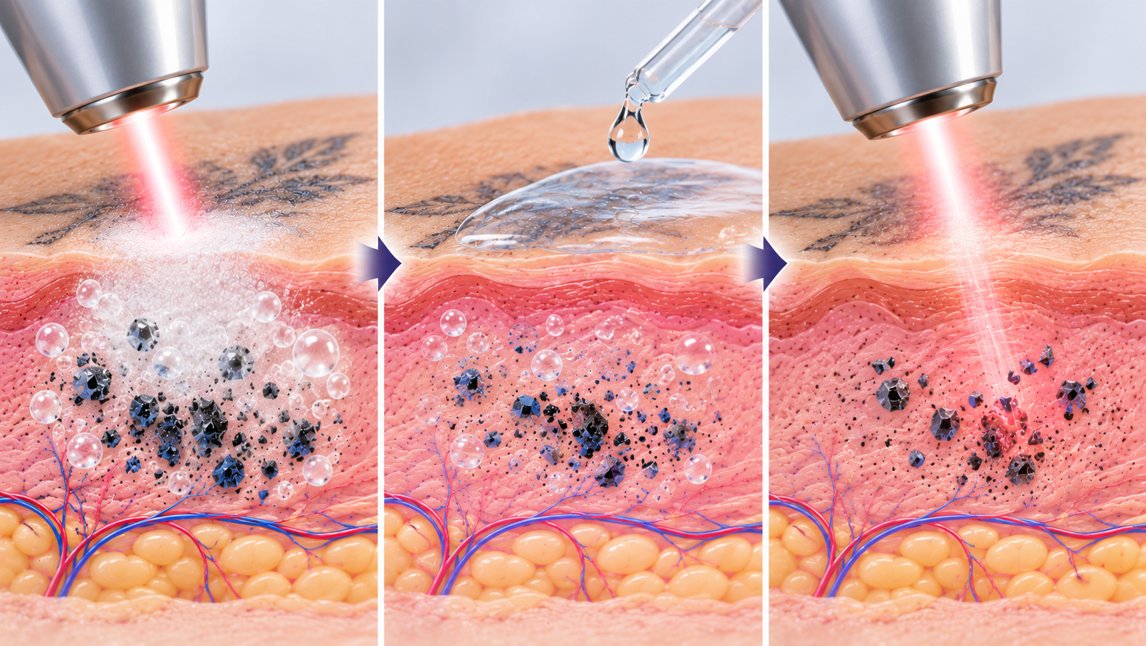 문신제거 R0 알제로 테크닉에서 레이저 조사 후 발생한 백색화와 미세 기포가 약물 도포 후 감소하여 추가 레이저 조사가 가능해지는 원리를 보여주는 의료 일러스트