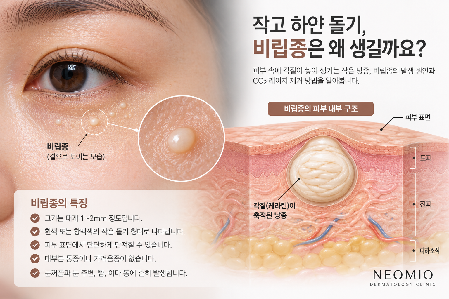 눈가에 발생하는 비립종의 외형과 피부 내부에 각질 낭종이 형성되는 구조를 보여주는 의학 일러스트. 비립종의 발생 원인과 CO₂ 레이저 제거 방법을 설명하는 네오미오의원 피부질환 칼