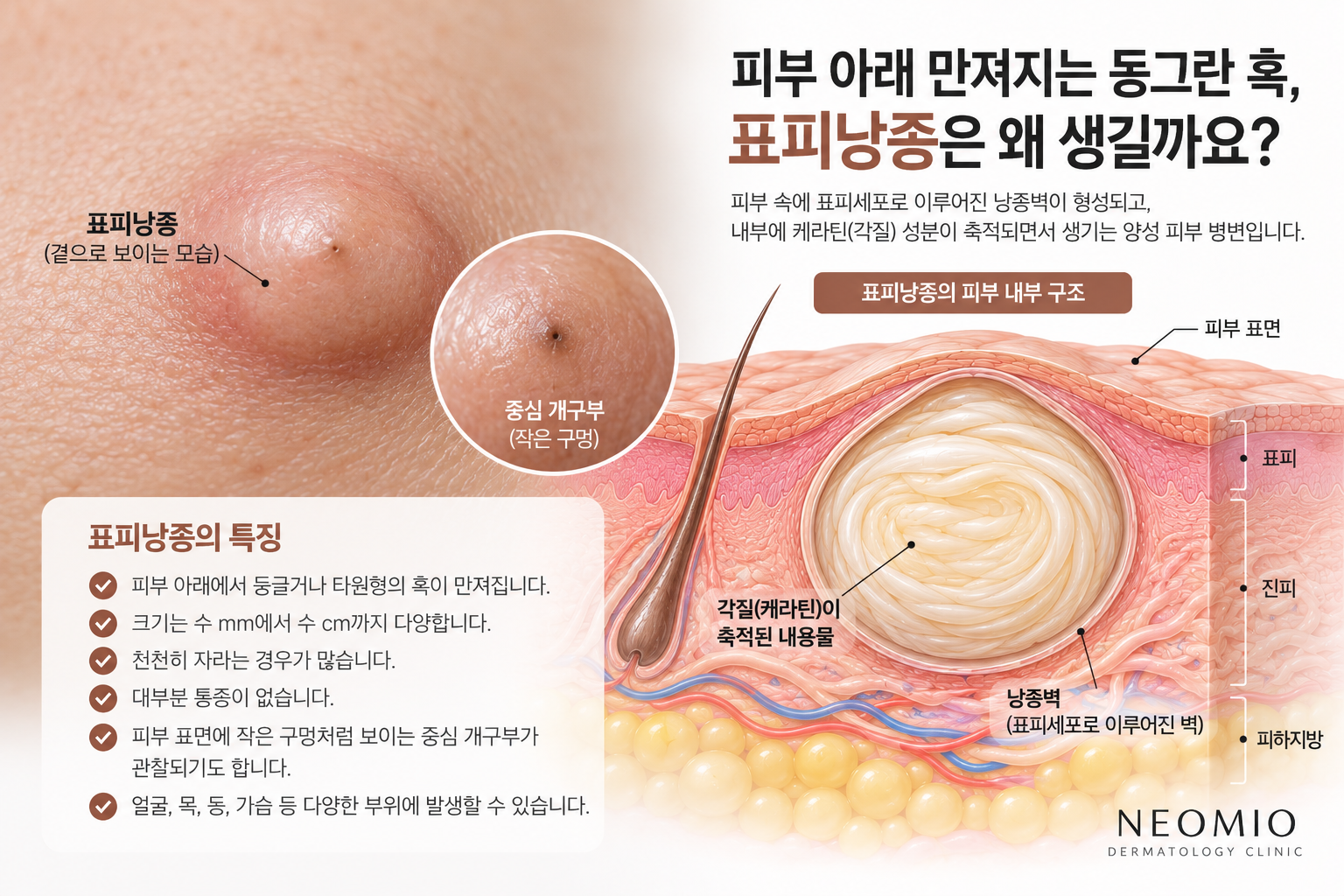 피부 아래에 형성된 표피낭종의 단면 구조와 낭종벽 내부에 케라틴 각질 성분이 축적되는 모습을 보여주는 의학 일러스트. 표피낭종의 발생 원인과 치료 방법을 설명하는 네오미오의원 피부