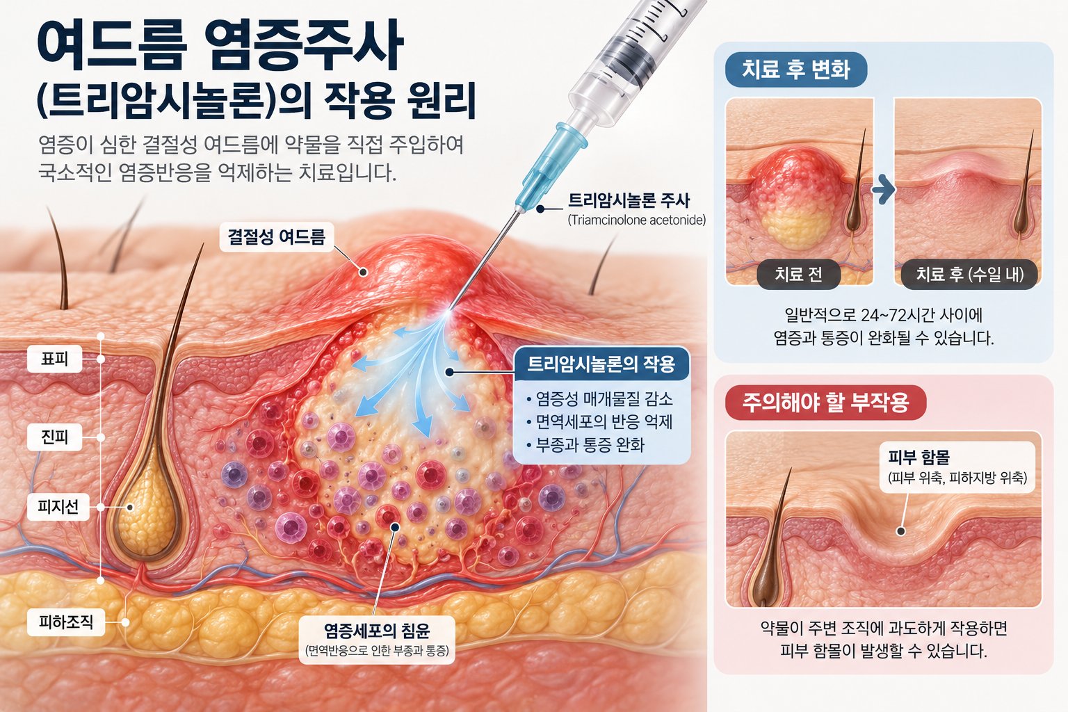 결절성 여드름의 염증 부위와 트리암시놀론 염증주사의 작용 위치를 보여주는 피부 단면 의학 교육용 일러스트.