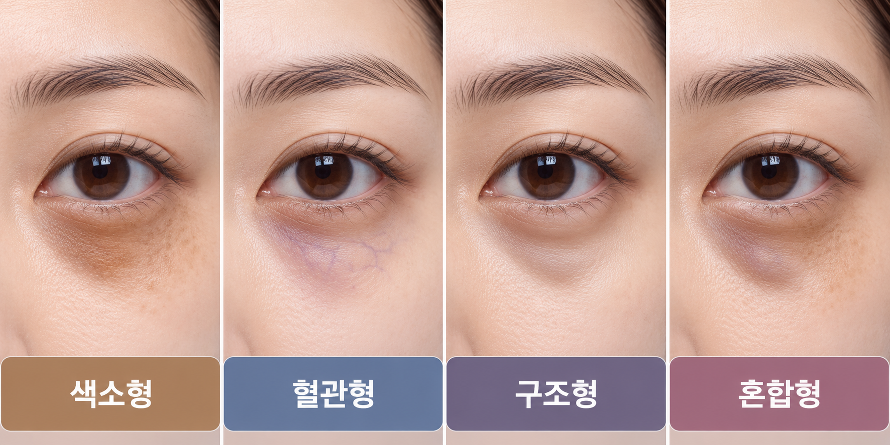 다크서클의 네 가지 주요 유형을 비교한 의학 그림. 멜라닌 색소침착에 의한 색소형, 얇은 피부 아래 혈관이 비쳐 보이는 혈관형, 눈물고랑 함몰과 눈 밑 지방에 의한 구조형, 여러