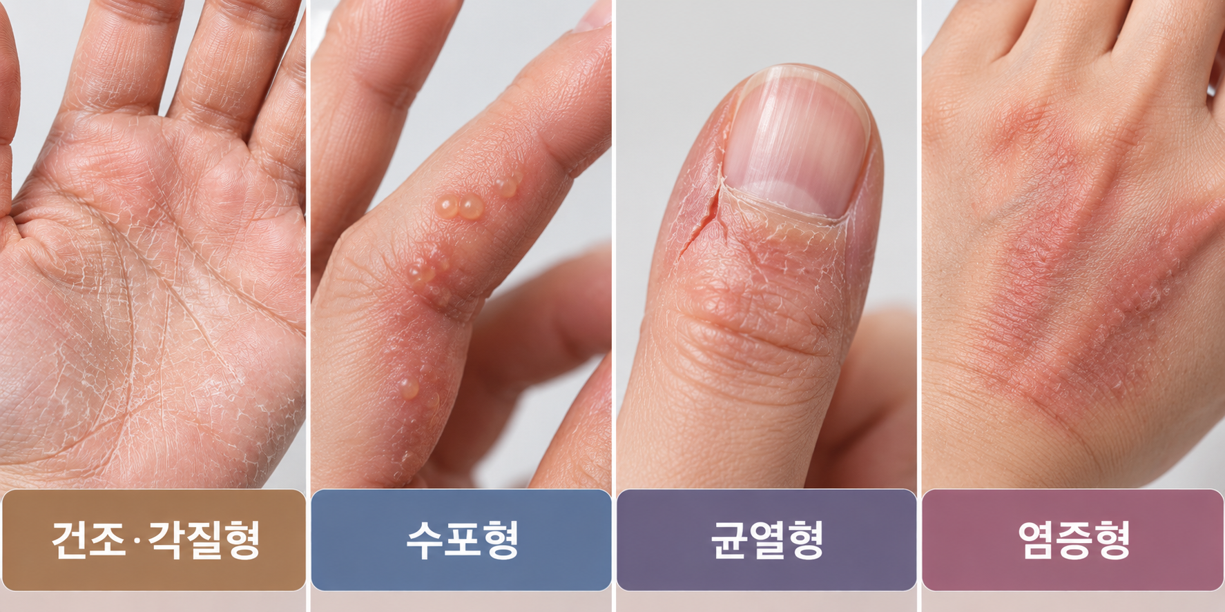 손습진의 대표적인 증상을 비교한 의학 그림. 손바닥의 건조와 각질, 손가락 측면의 작은 물집, 손가락 끝 피부 갈라짐, 손등의 붉어짐과 염증 등 다양한 손습진 증상을 나타냄.