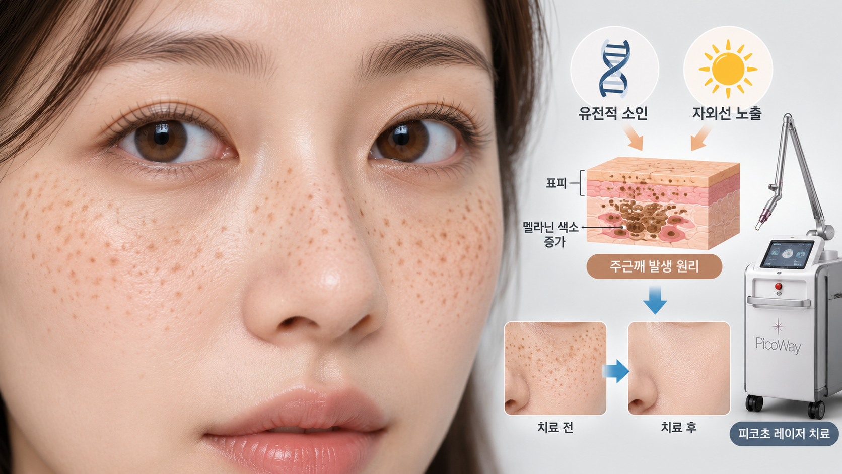코와 양쪽 볼에 작은 갈색 주근깨가 여러 개 분포한 얼굴의 의학 설명 그림. 주근깨는 유전적 소인과 자외선 노출에 의해 나타나는 표피성 색소 병변으로, 피코초 레이저 등 색소치료