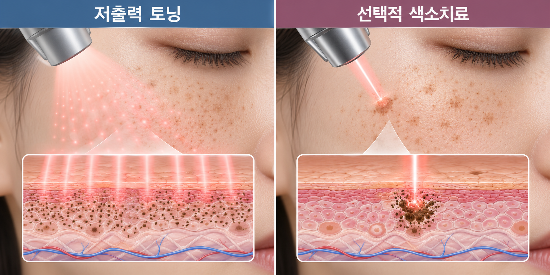 일반적인 저출력 레이저 토닝과 흑자·주근깨를 선택적으로 치료하는 레이저 조사 방식의 차이를 비교한 의학 그림. 넓은 부위에 낮은 에너지 밀도로 조사하는 토닝과 개별 색소 병변에 적