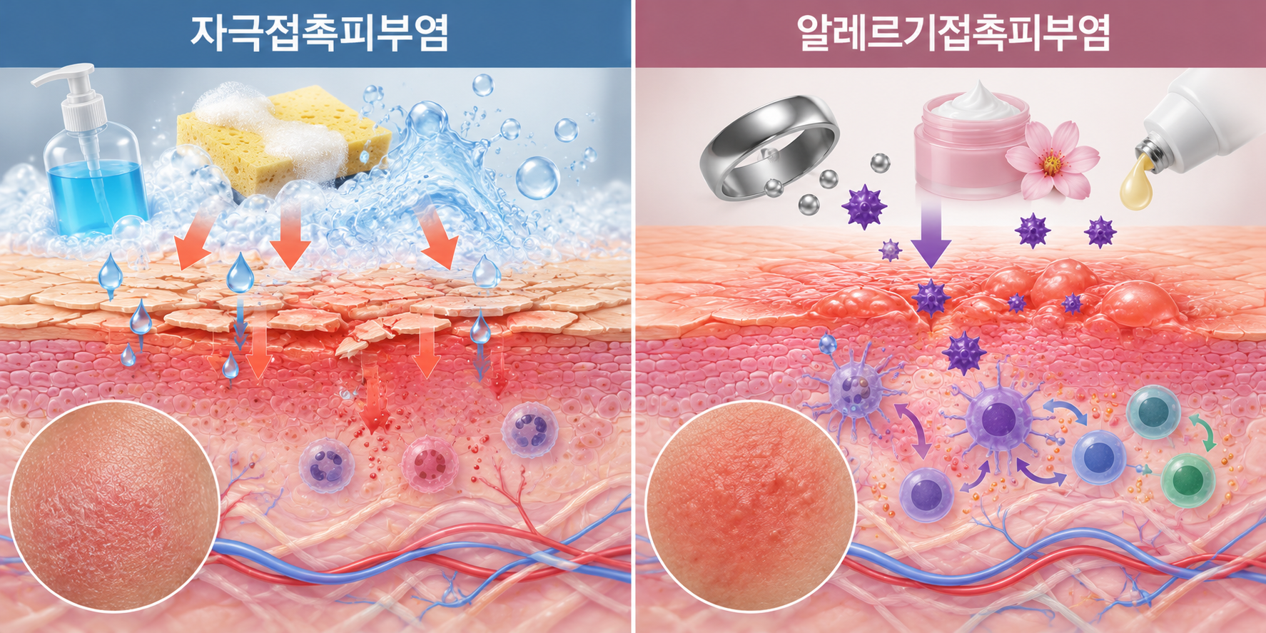 자극접촉피부염과 알레르기접촉피부염의 발생 원리를 비교한 의학 그림. 자극접촉피부염은 세제와 반복적인 물 접촉 등에 의한 피부 장벽 손상으로 발생하며, 알레르기접촉피부염은 니켈이나