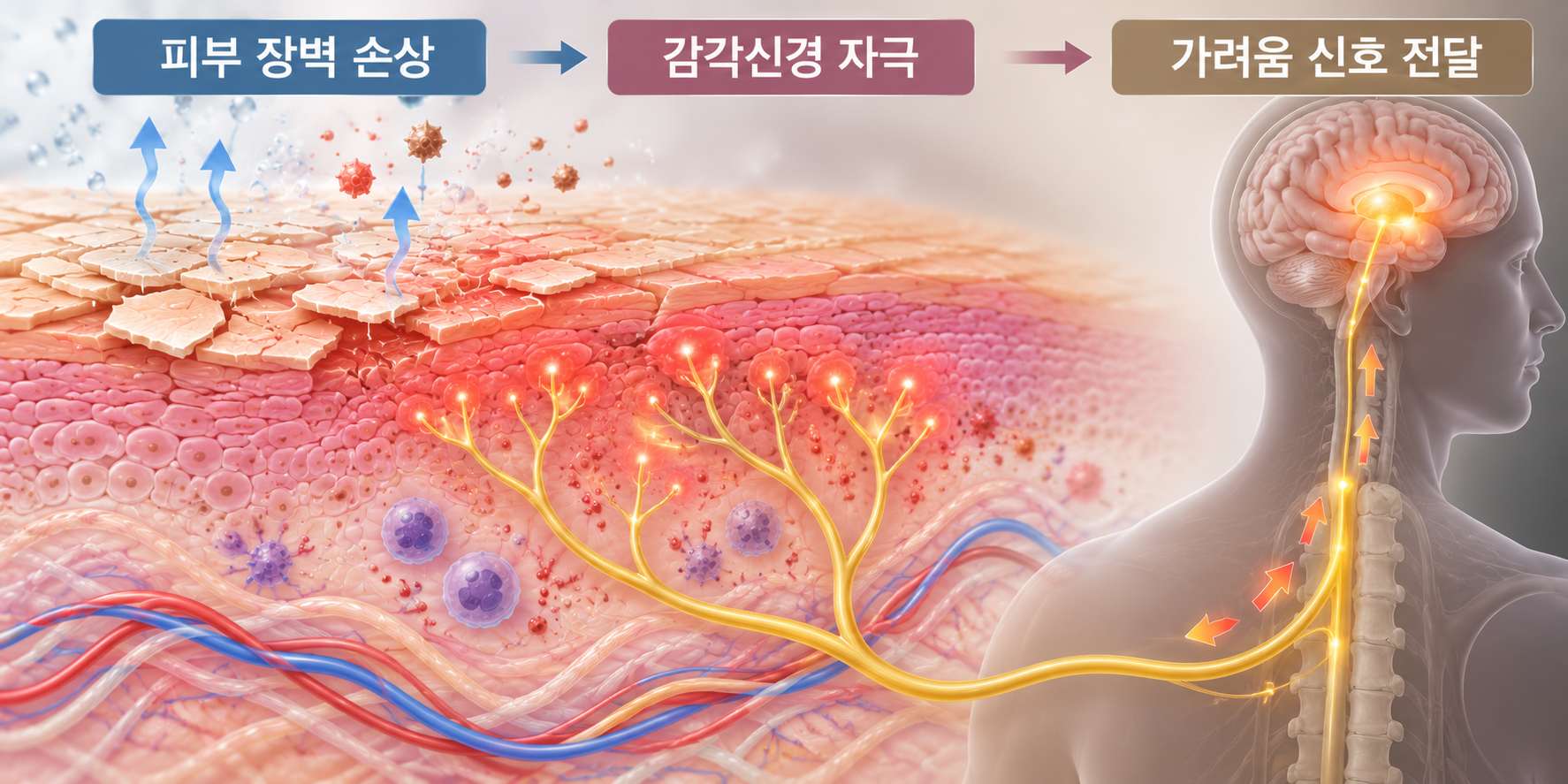 피부 가려움증의 발생 원리를 설명한 의학 그림. 피부 건조와 장벽 손상, 감각신경 말단의 자극, 척수와 뇌로 전달되는 가려움 신호를 나타내며 피부질환과 다양한 신경 전달 경로가 가